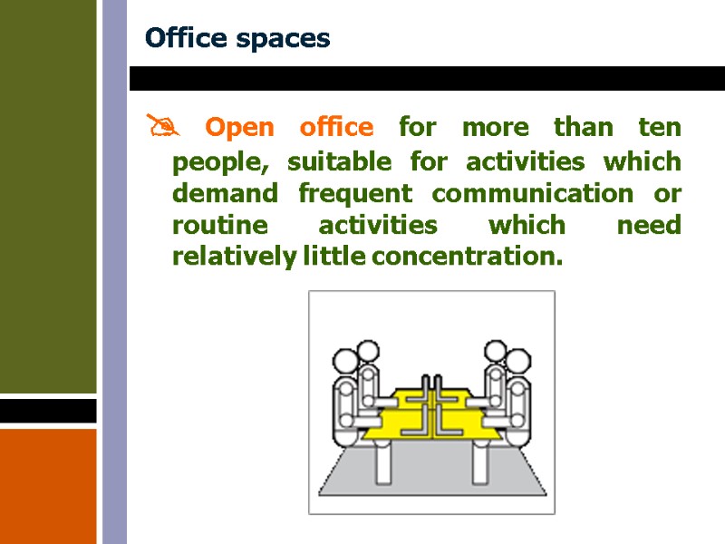Office spaces  Open office for more than ten people, suitable for activities which